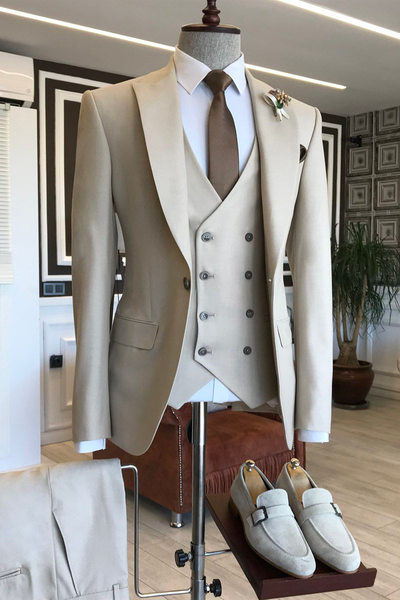 Eddie Light Khaki Three Piece Point Lapel Formal Business Suit