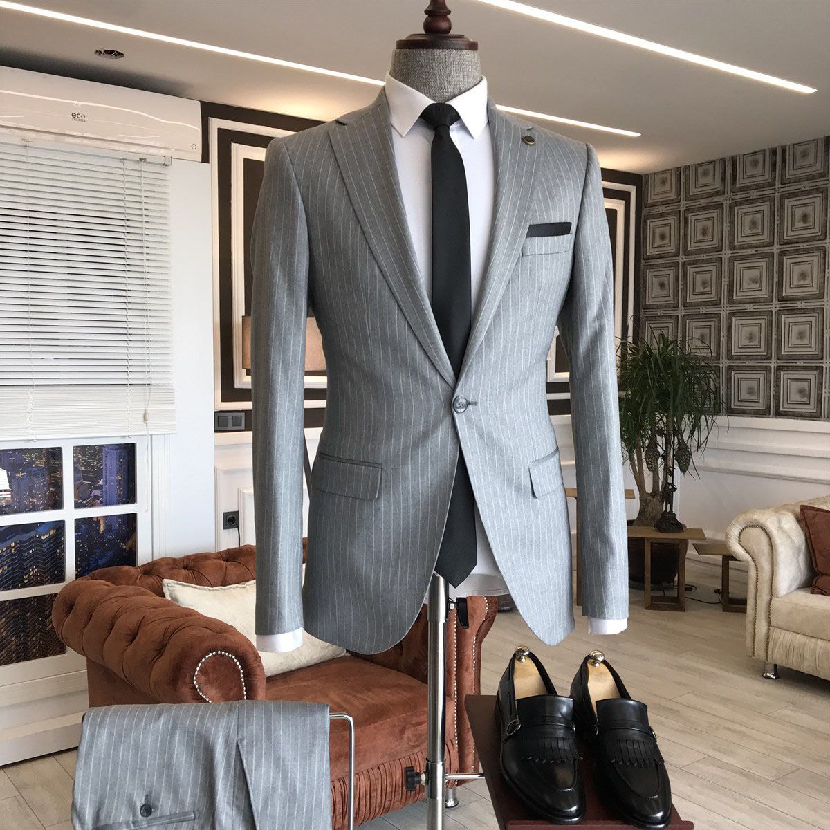 Quinn Formal Grey Striped Notched Lapel Slim Fit Business Suit