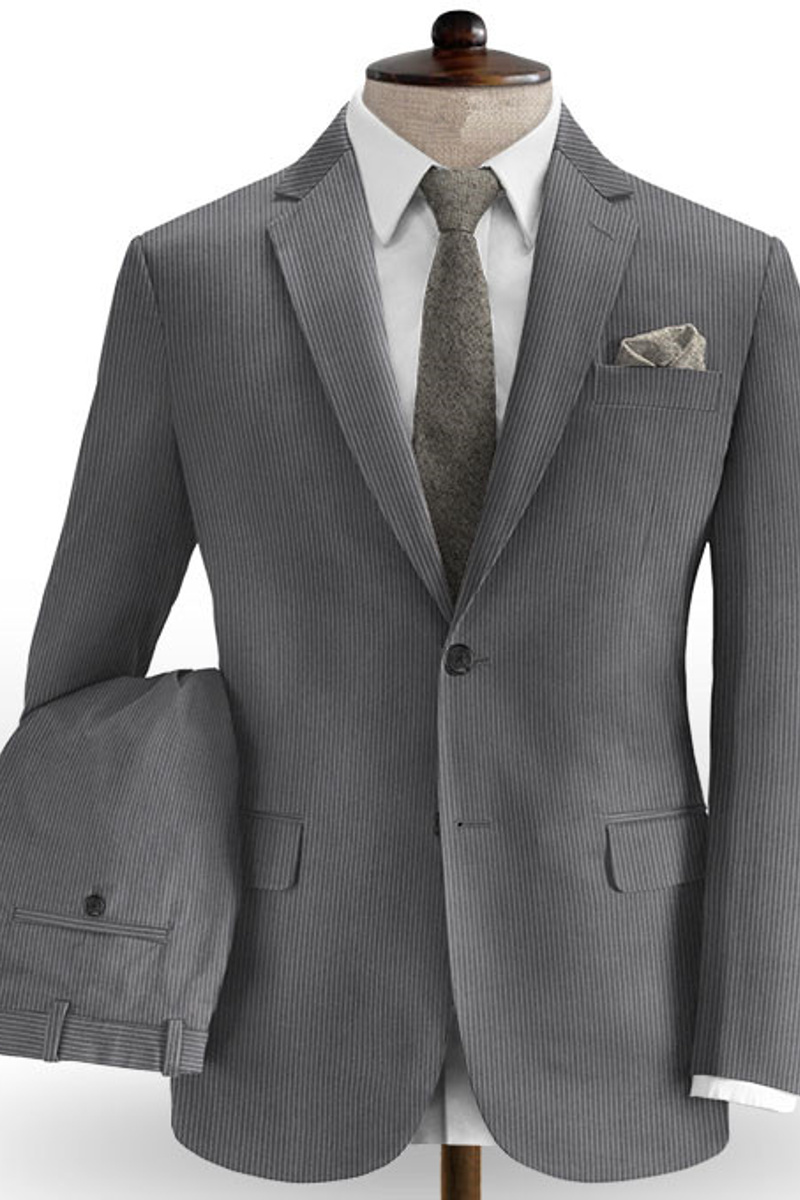 Grey Corduroy Men Suit Two Piece Notched Lapel Business Tuxedo