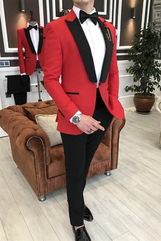 Joyce Regular Red One-Button Black Point Lapel Formal Suit