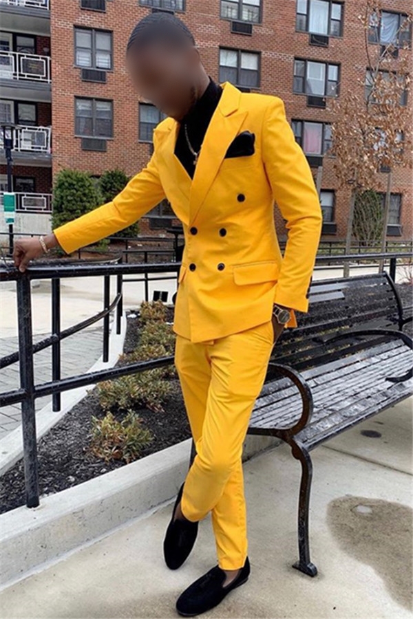 Yellow Double Breasted Slim Fit Point Lapel Men Suit