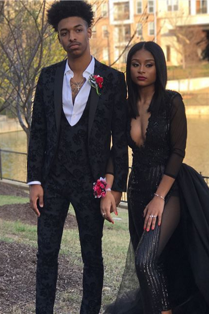 Attractive Black Jacquard Three Piece Slim Fit Prom Men Suit