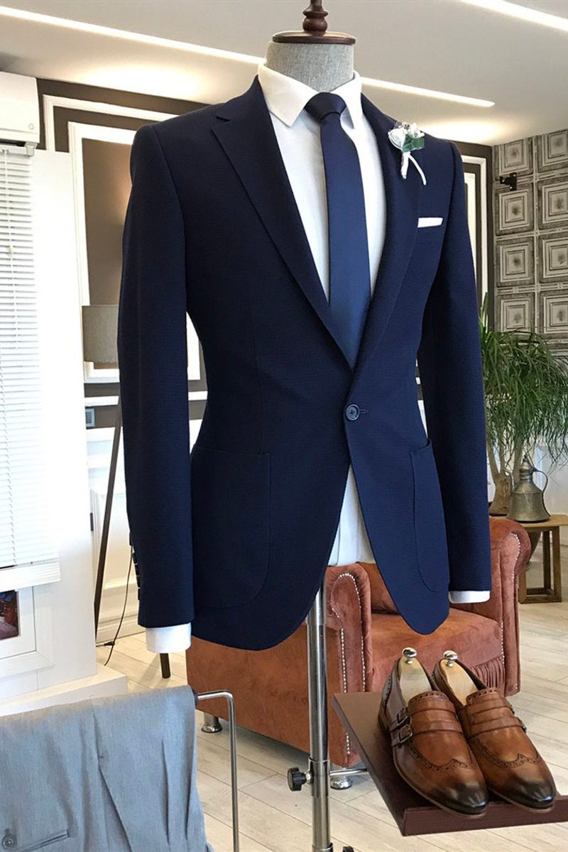 Owen Dark Blue Notched Lapel One Button Two Placket Business Suit