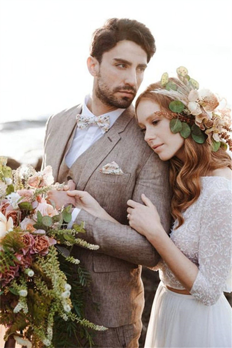 Khaki Linen Summer Beach Classic Suit Three-Piece Groom Wedding Tuxedo