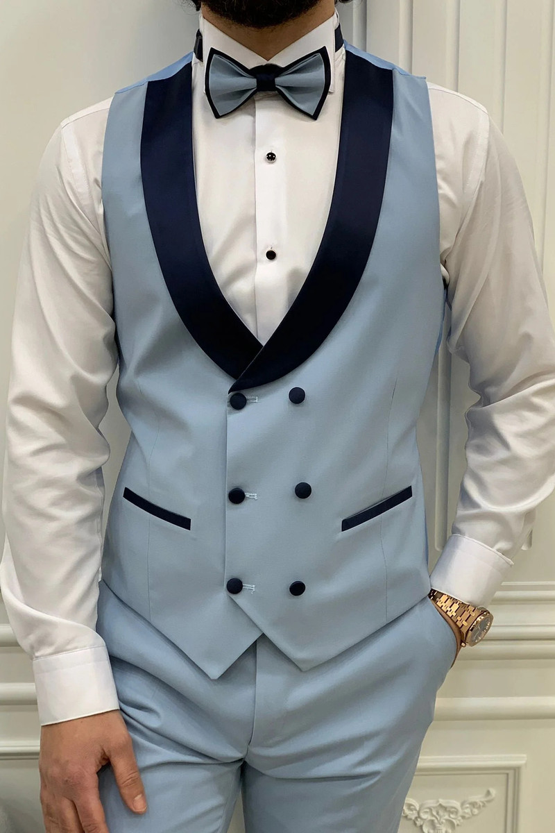Modern Ice Blue Slim Peak Collar Three Piece Tuxedo