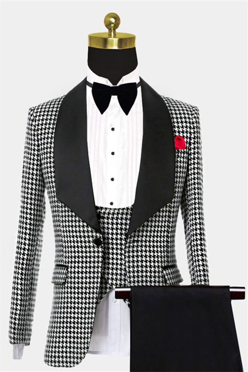 Black and White Houndstooth Tuxedo Business Three-Piece Suit