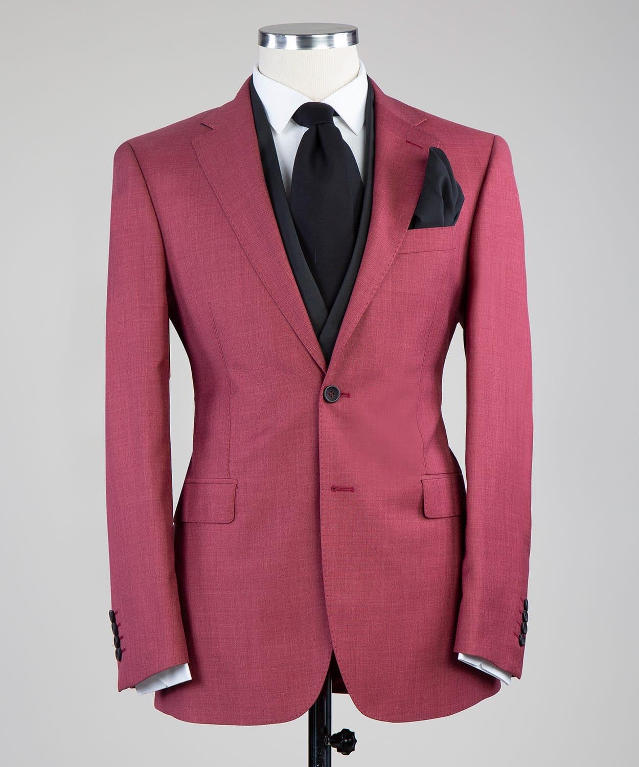 Warm Rose Red Three-Piece Custom Wedding Suit with Notched Lapels