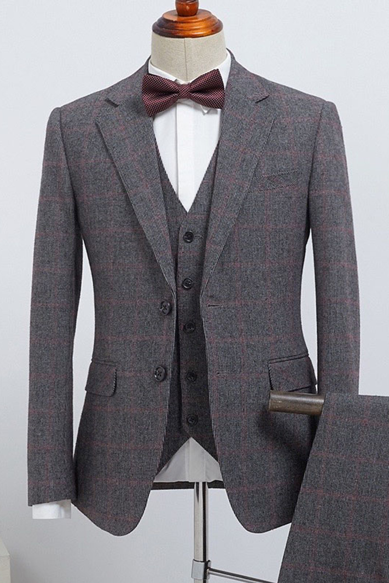 Baron Traditional Grey Plaid Notched Lapel Two Button Custom Business Suit