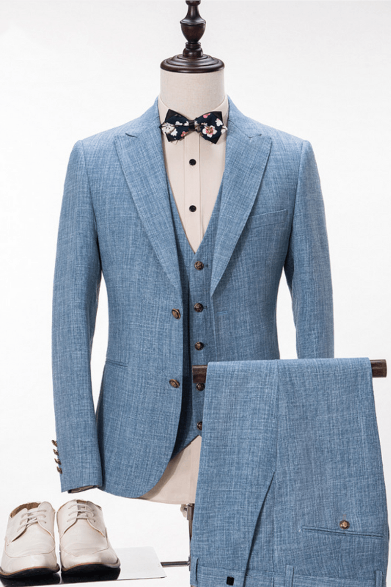 Stylish Blue Linen Wedding Suit Peak Lapel Summer Groom and Groomsmen Suit