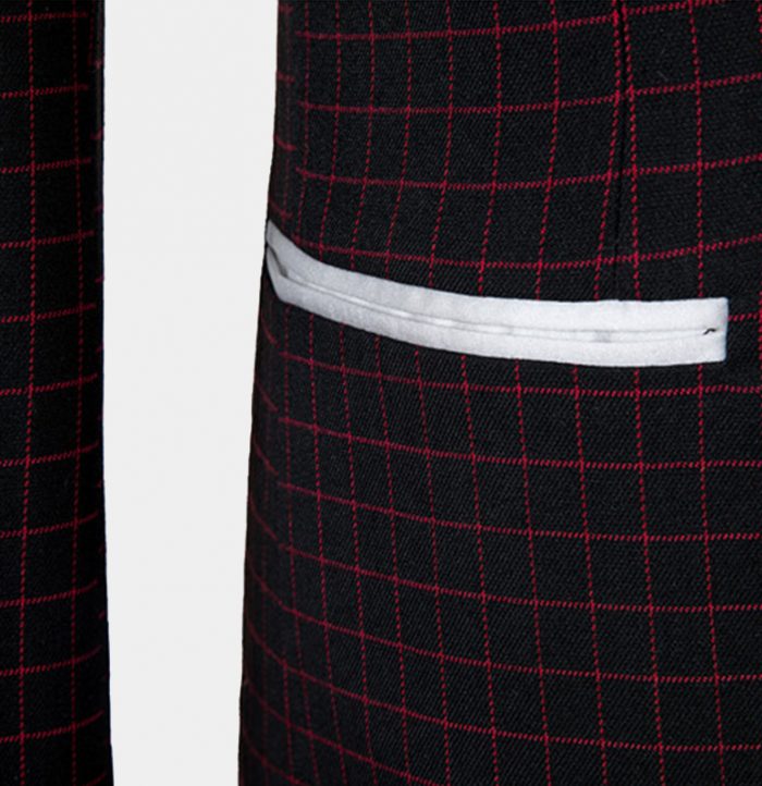 Burgundy Checkered Tuxedo Three-Piece Prom Suit with White Lapel