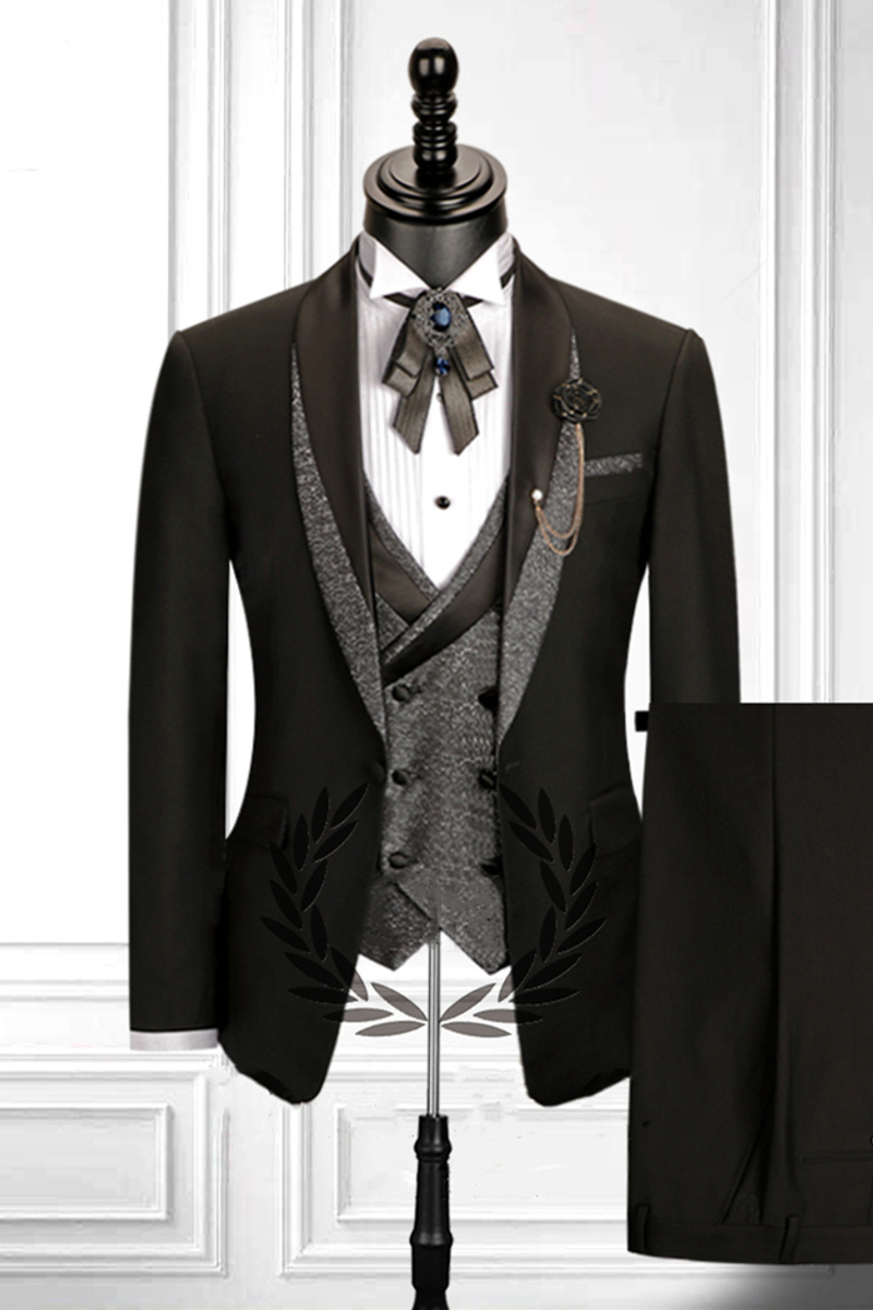 Stitching Shawl Lapel Black Three-Piece Suit with Double-Breasted Waistcoat