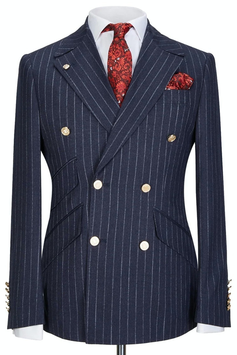 Navy Blue Lapel Gold Button Double-Breasted Striped Two-Piece Suit