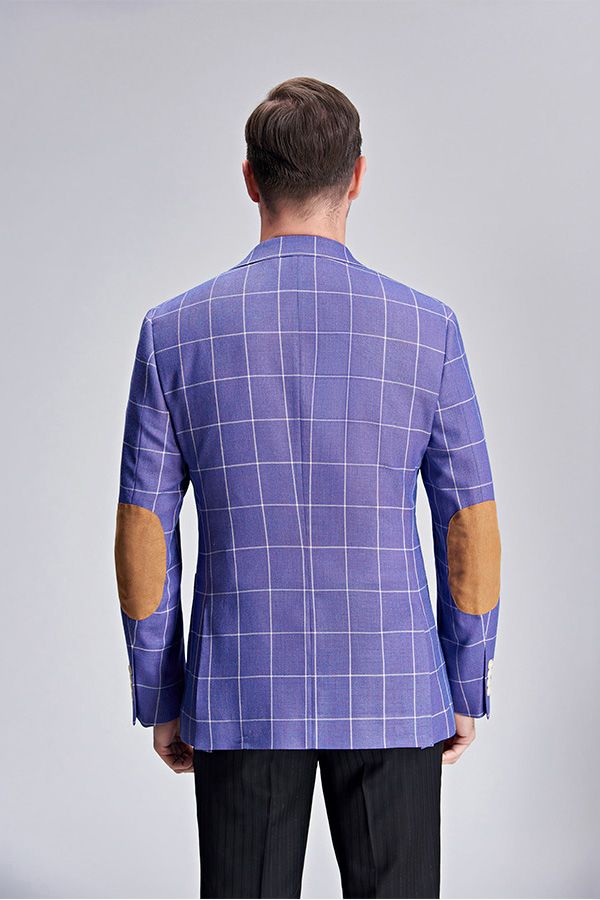 Men Modern Plaid Violet Purple Elbow Patch Blazer