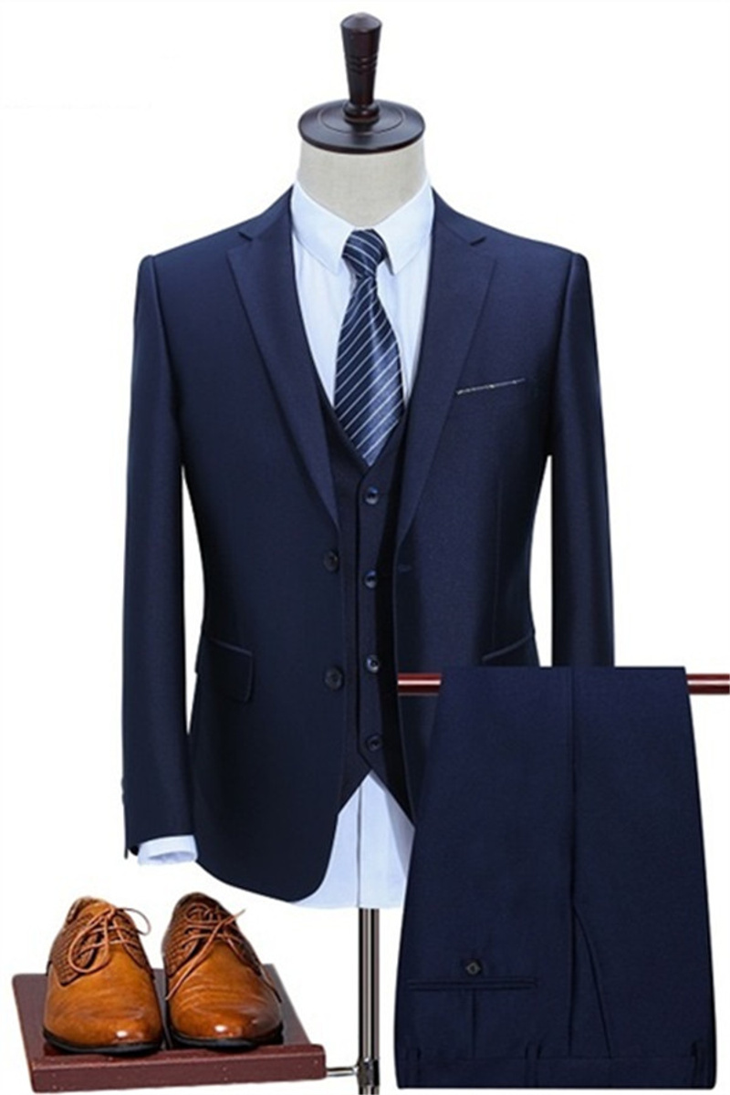 Dark Blue Three-Piece Slim Fit Tuxedo Business Casual Groom Suit