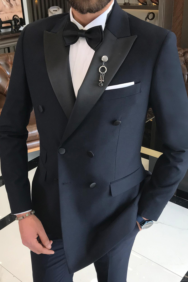 Trendy Dark Navy Wedding Tuxedo Black Satin Lapel Prom Suit