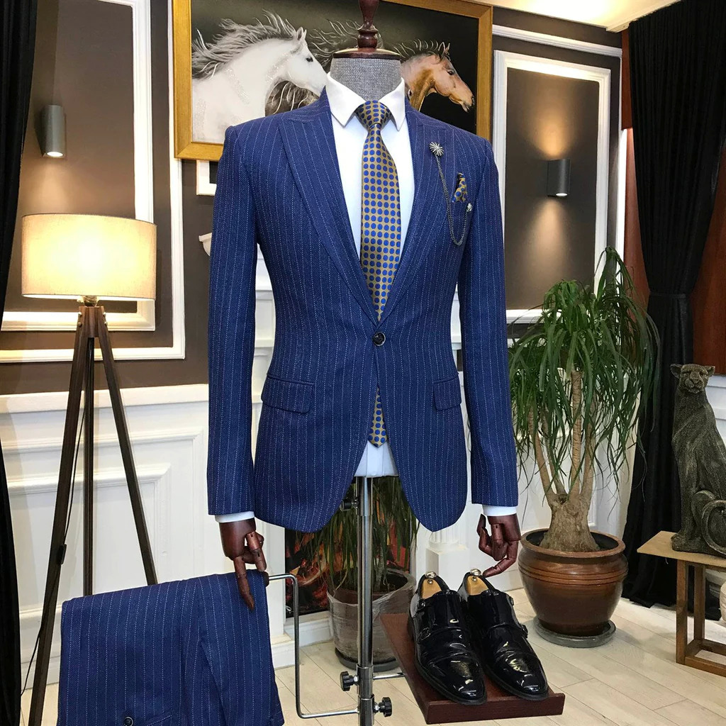 Modern Blue Herringbone Striped Men One Button Two Piece Suit