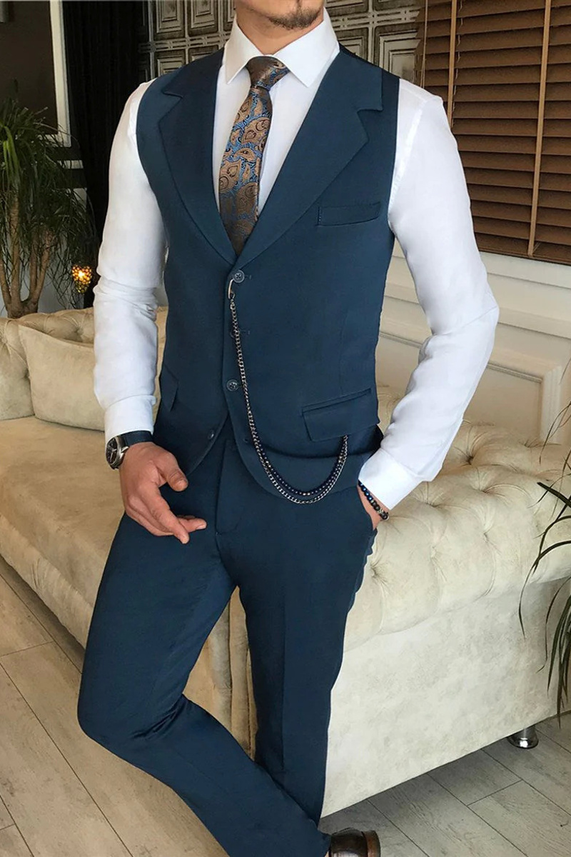 Navy Blue Lapel Collar Single-Breasted Three-Piece Suit Flat Lapel Collar Vest