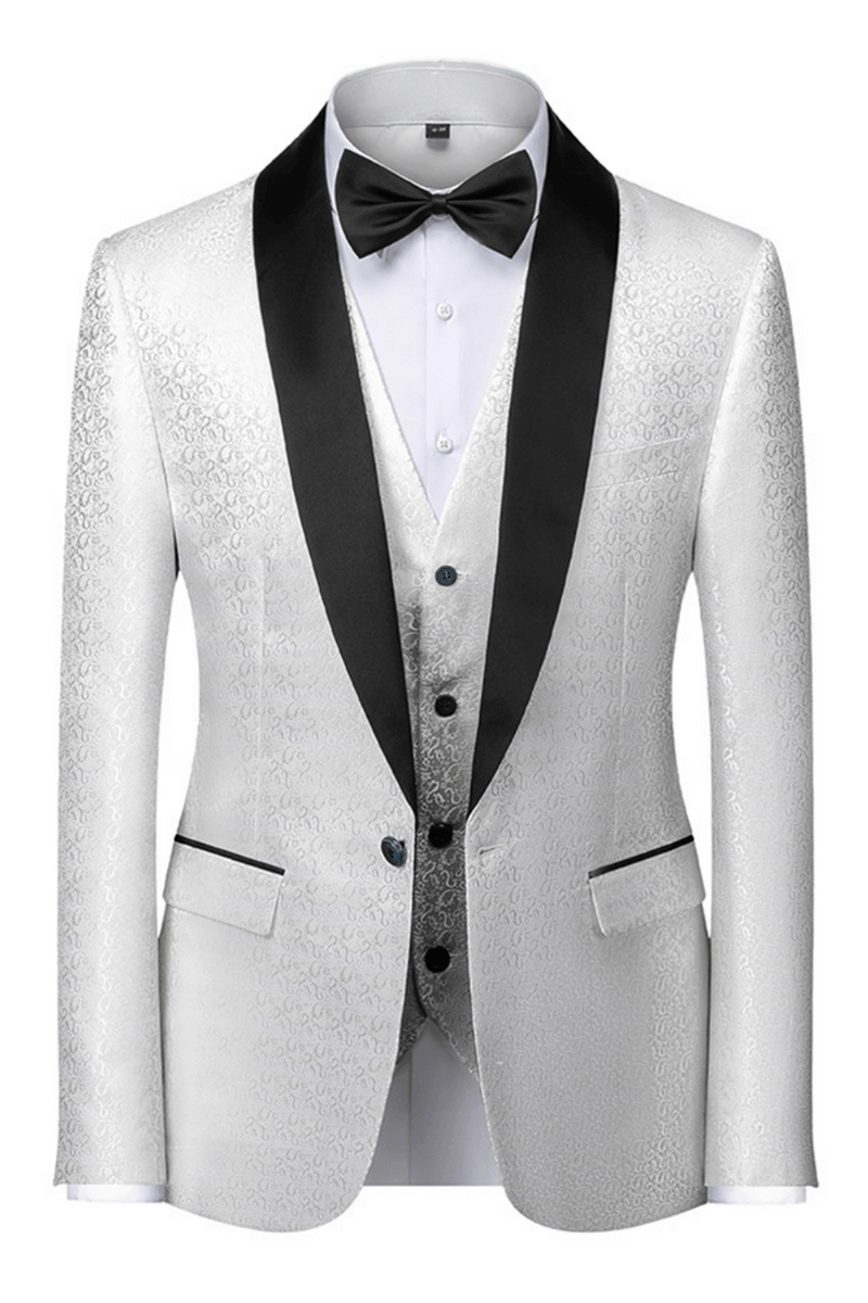 Gentle Black and White Wedding Tuxedo Satin Shawl Lapel Jacquard Prom Suit
