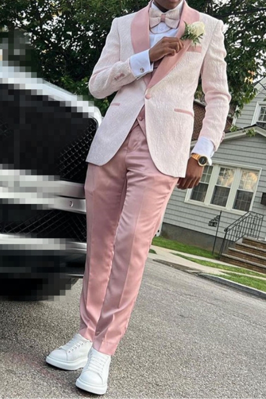 Fashion Pink Shawl Lapel Jacquard Three Pieces Prom Men Suit