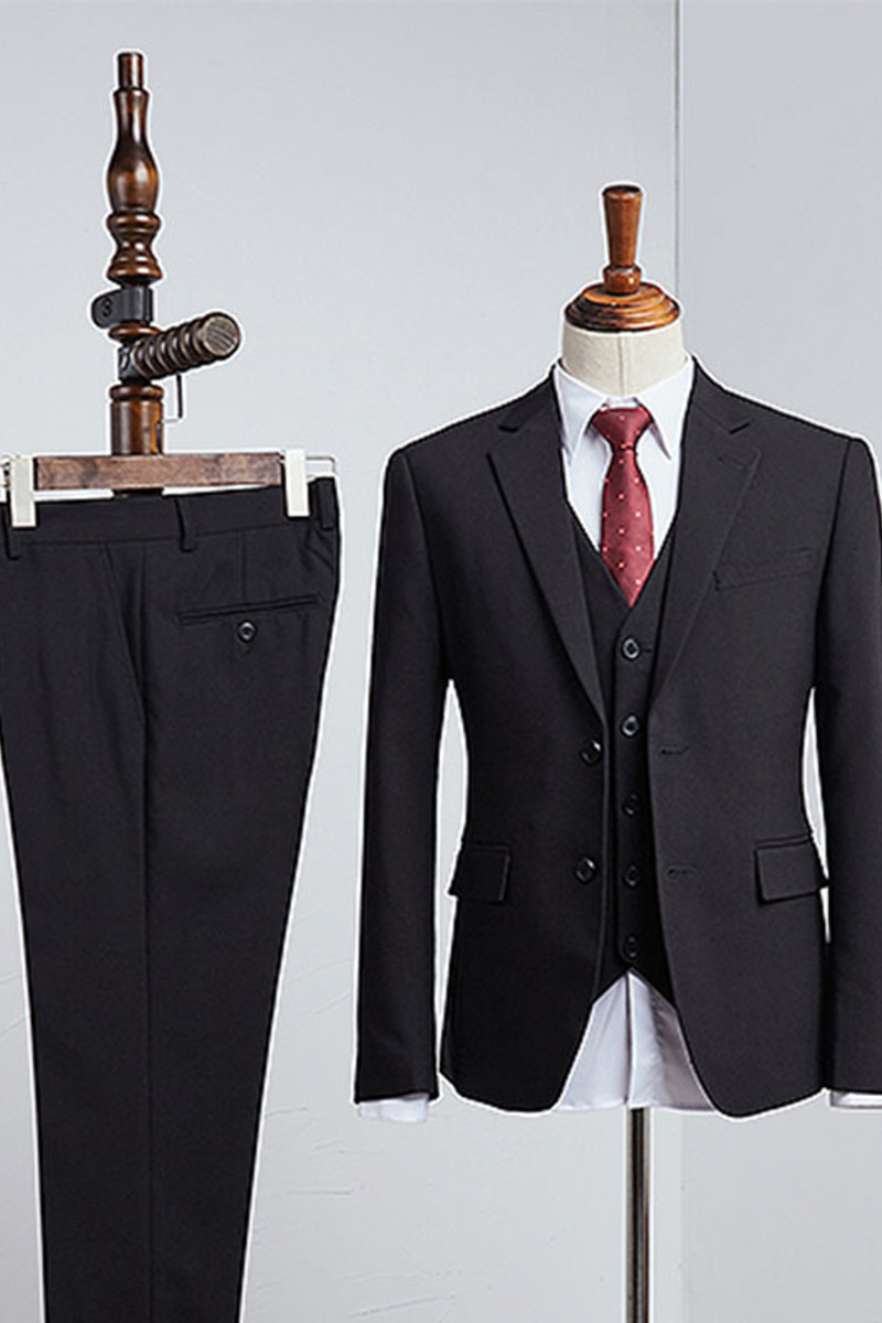 Boris Classic All-Black Three-Piece Notched Lapel Slim Fit Business Suit