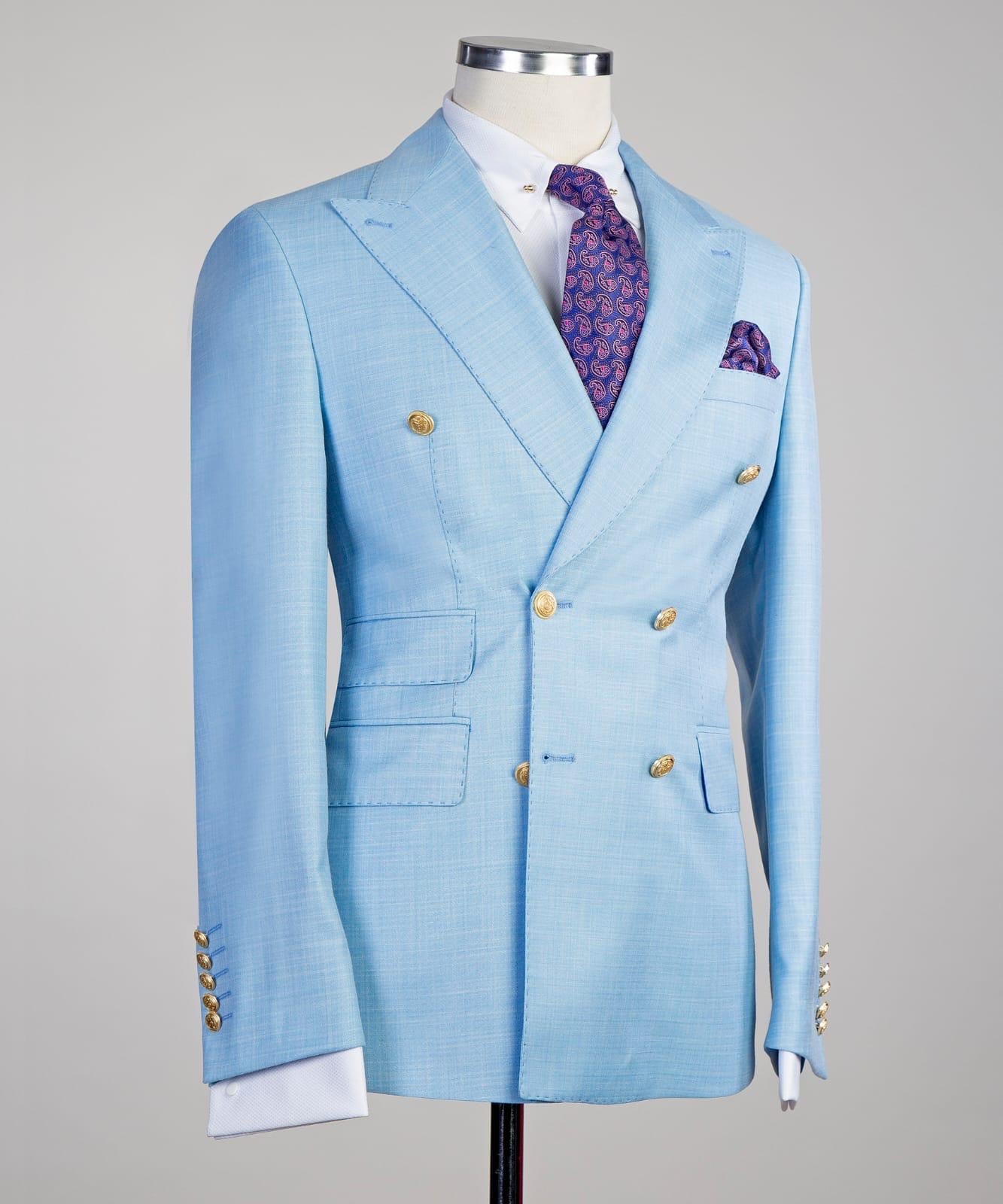 Sky Blue New Arrival Point Collar Double Breasted Two-Piece Prom Suit