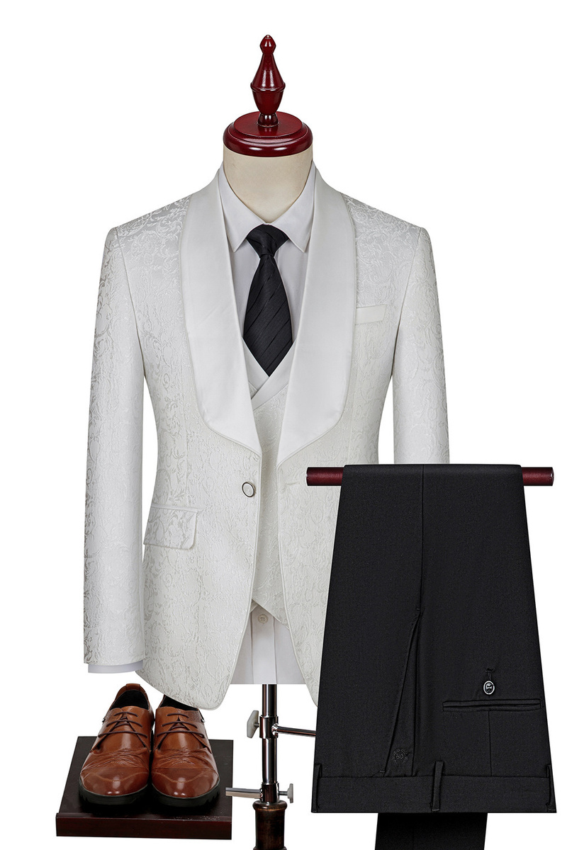 White Shawl Collar Men's Jacquard Three-Piece Wedding Suit