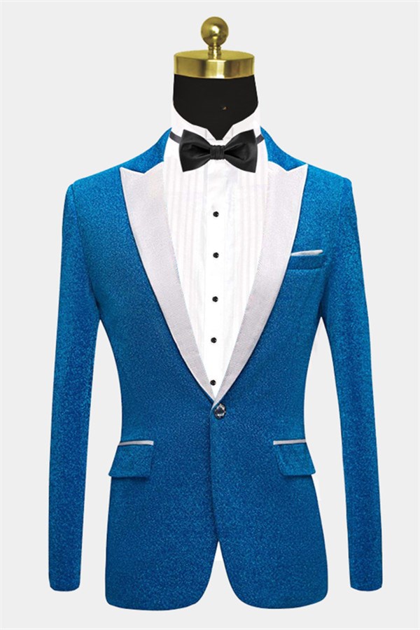 Glitter Baby Blue Peak Lapel Blazer Unique Sequin Men Suits