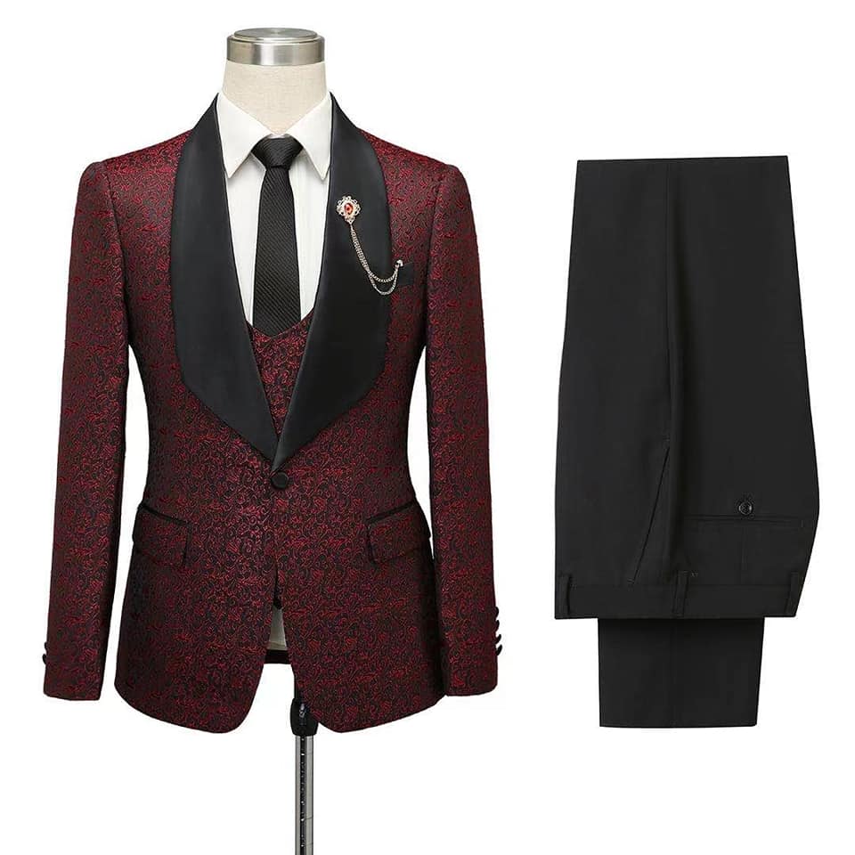 Cesar Burgundy One-Button Shawl Lapel Jacquard Wedding Groom Suit