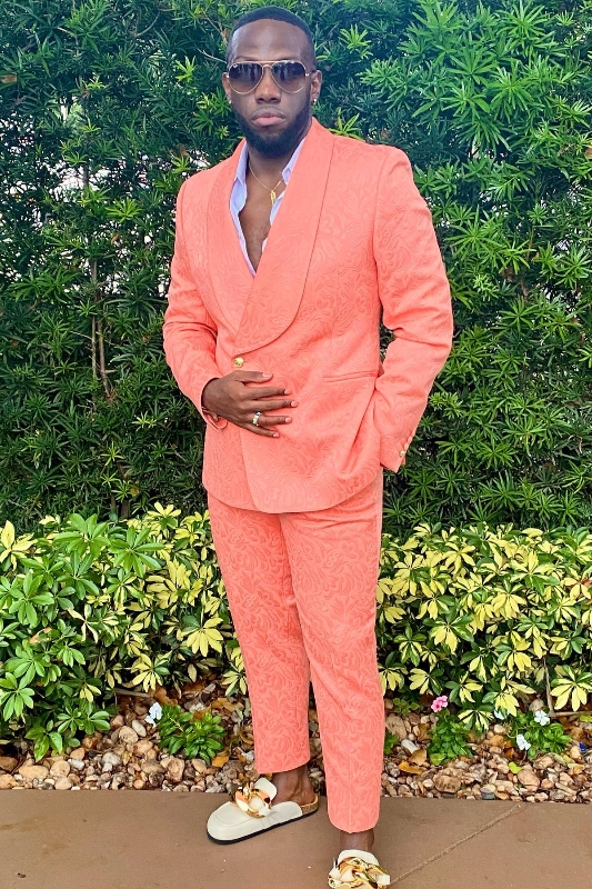 Ken Modern Coral Jacquard Shawl Lapel Double Breasted Prom Suits