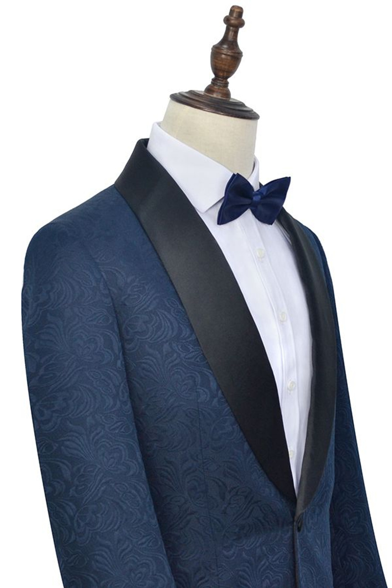 Bennett Navy Blue Wedding Suit Jacquard Black Silk Shawl Lapel Prom Suit