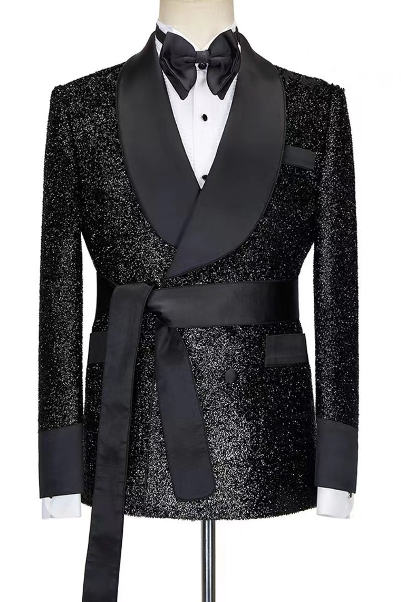 Billy Shiny Black Men's Robe Suit with Shawl Collar Belted Wedding and Prom Suit