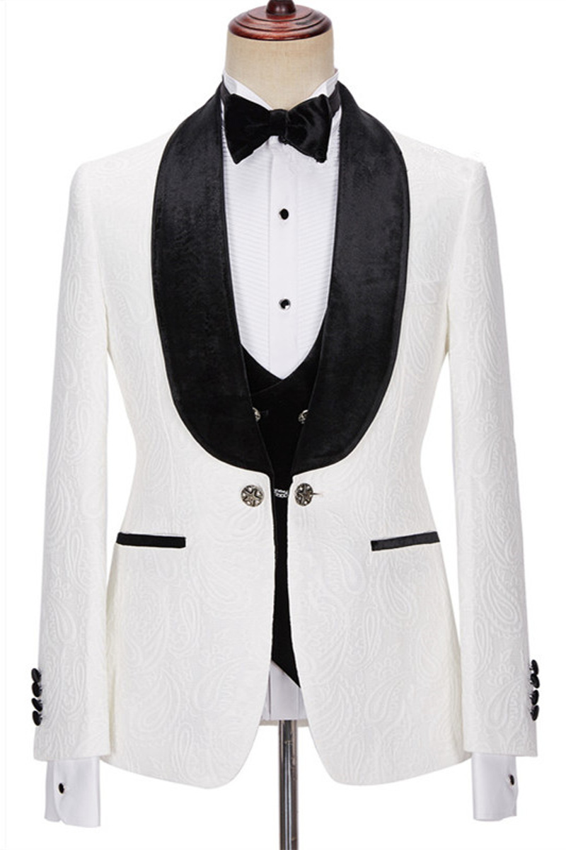 New White Jacquard Three-Piece Wedding Suit with Velvet Lapel