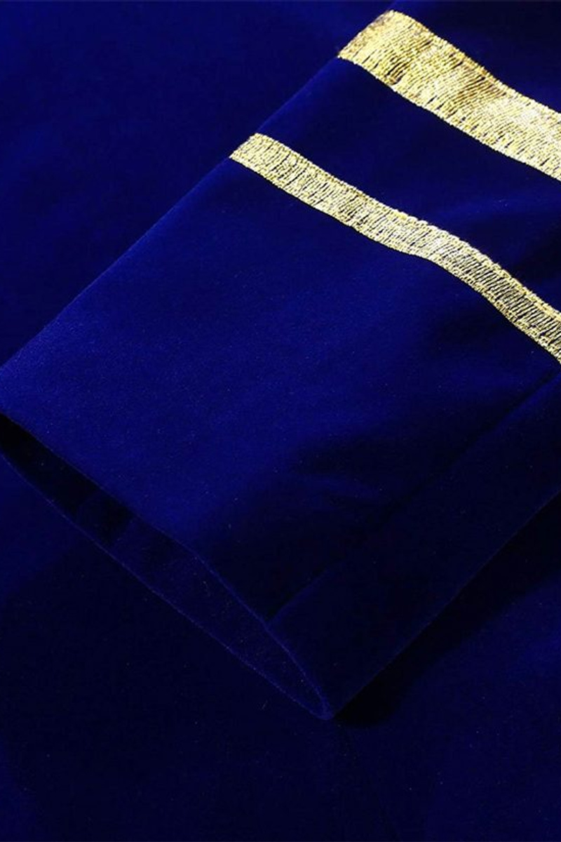 Men Royal Blue Blazer Gold Embroidered Lapel Velvet Jacket