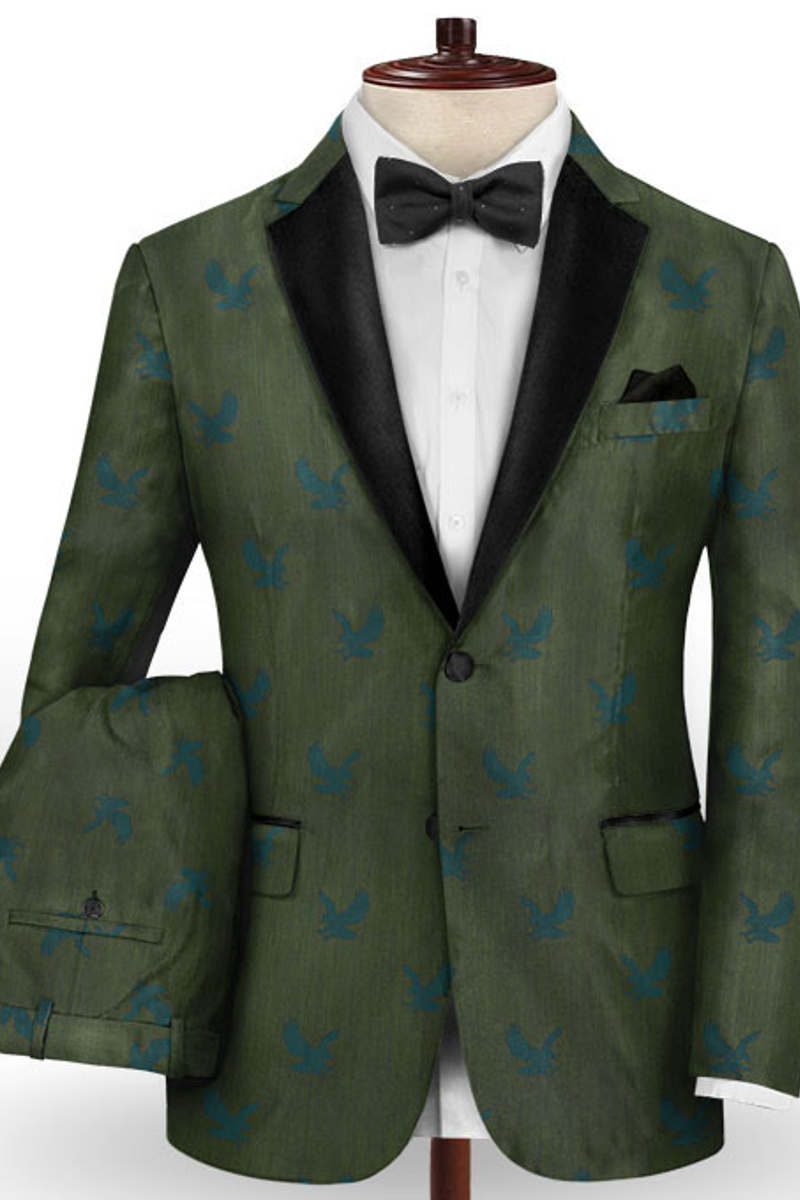 Men Dark Green Printed Suit Custom Prom Suit Men Black Lapel Suit