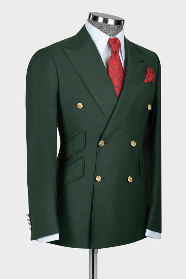 Dark Green Double-Breasted Three-Pocket Suit Two-Piece