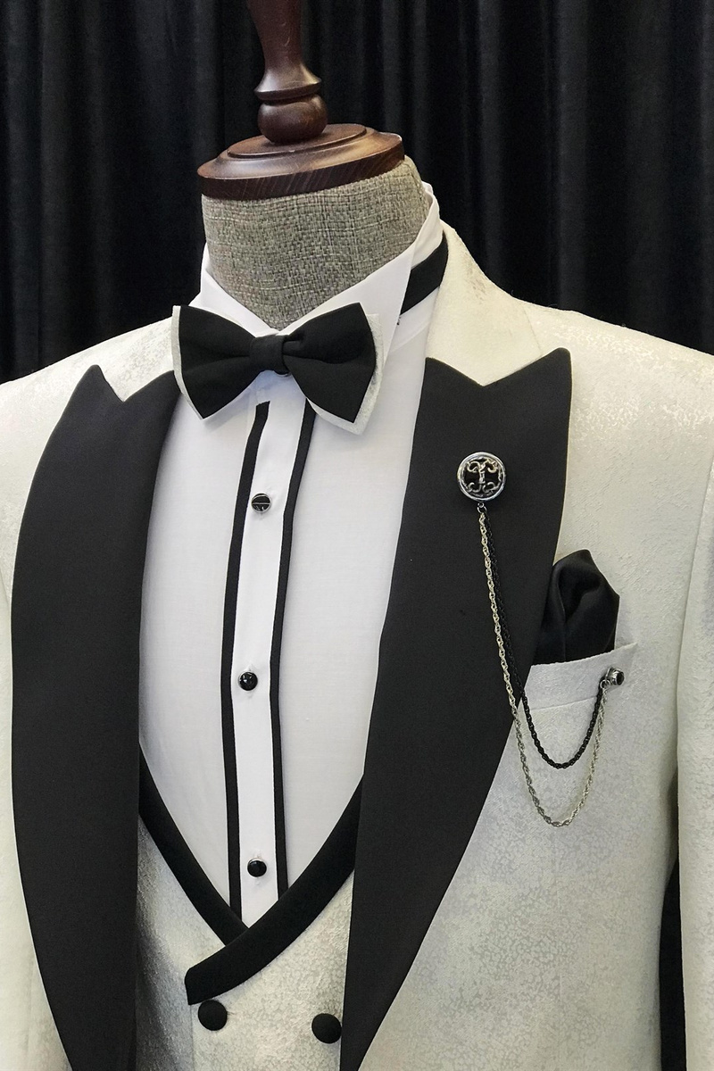 Alvin New White Jacquard Three-Piece Black Point Lapel Wedding Suit