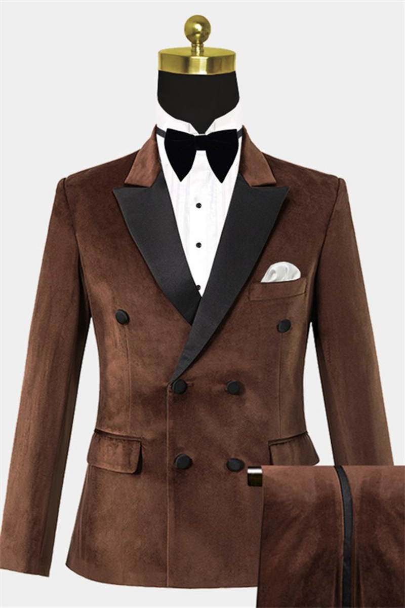Double-Breasted Brown Velvet Tuxedo Notch Lapel Suit