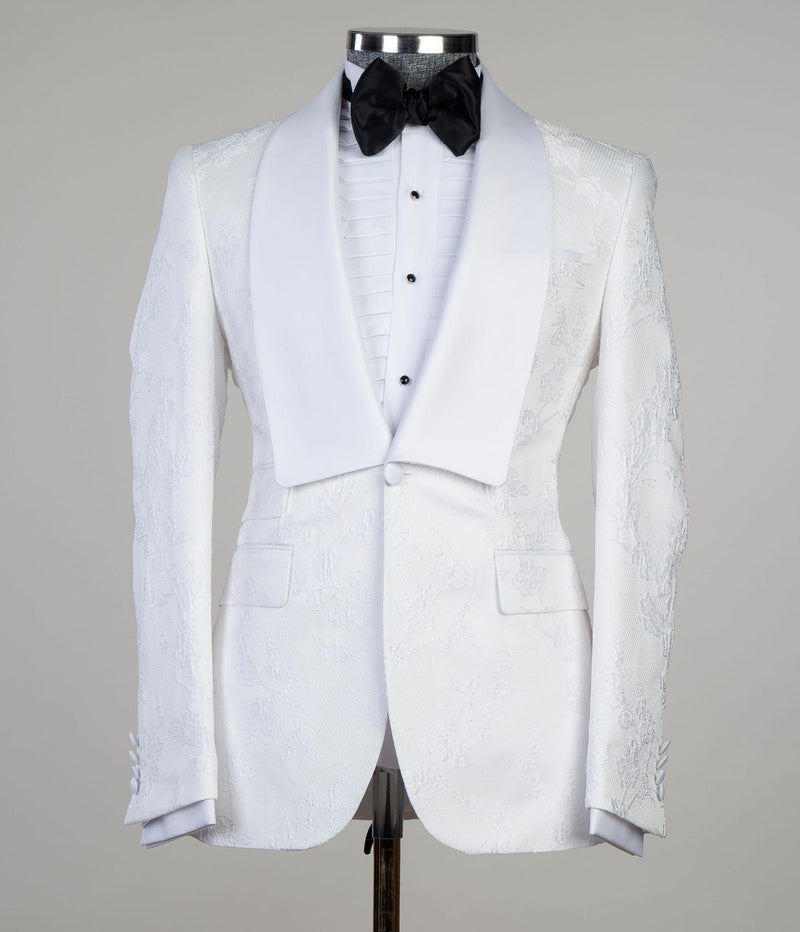 White Jacquard Shawl Lapel Three-Piece Wedding Suit