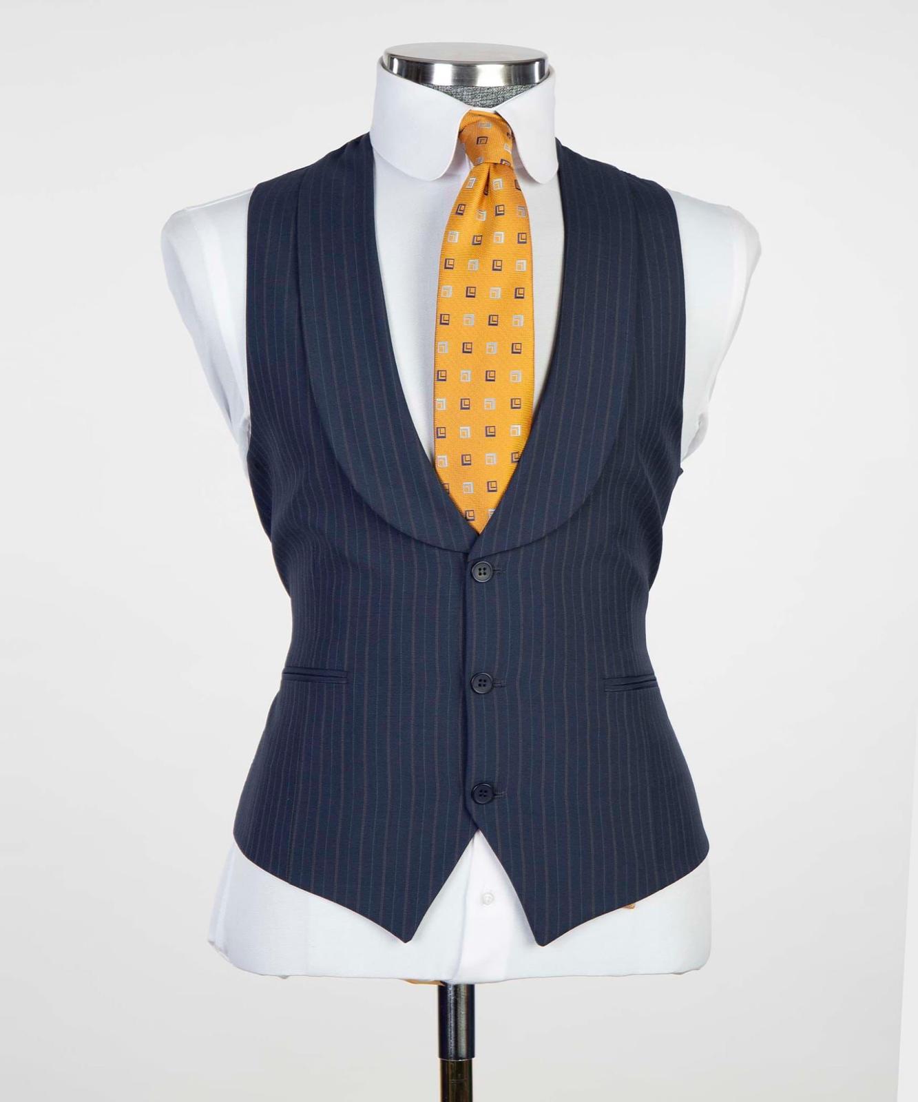 Navy Blue Striped Point Collar Three-Piece Suit