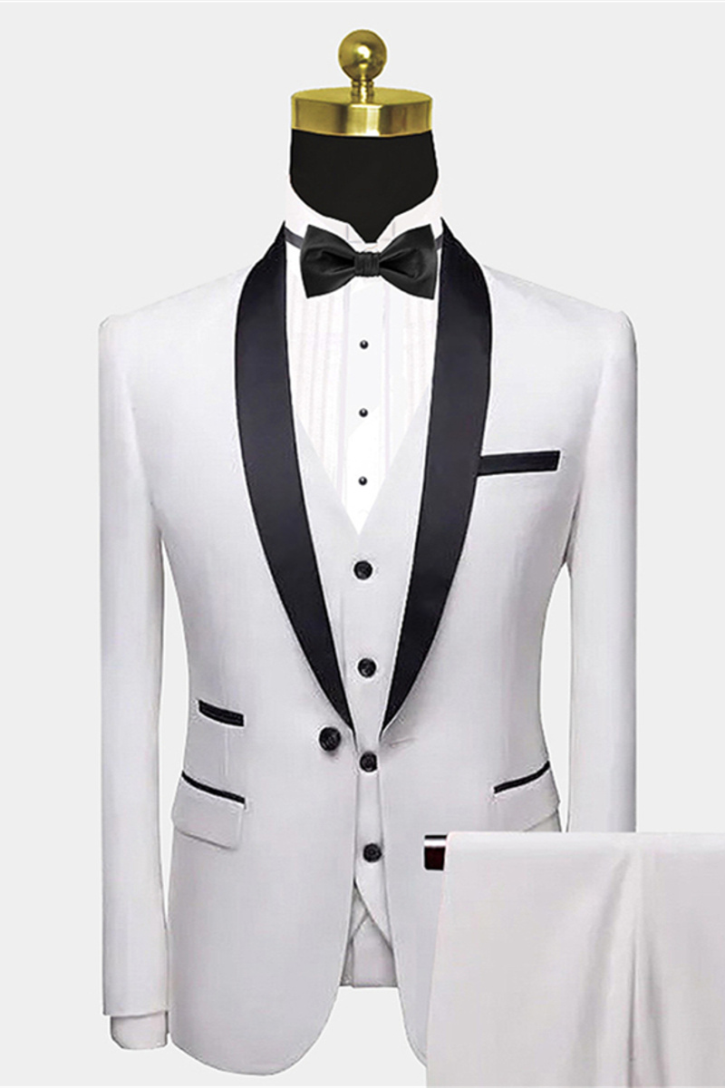 Classic White Wedding Tuxedo with Black Satin Shawl Lapel and Pocket Edge - Will