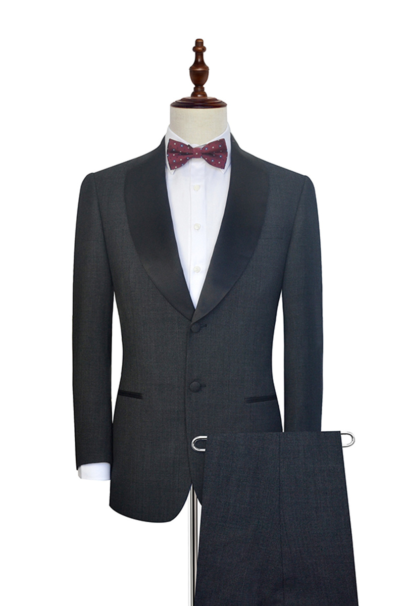 Classic Dark Grey Black Shawl Collar Wedding Tuxedo Two-Button Suit