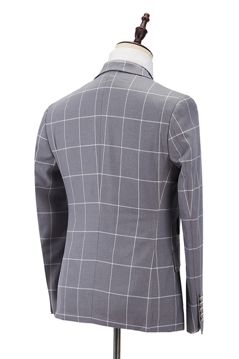 Gray Plaid Lapel Double-Breasted Business Suit