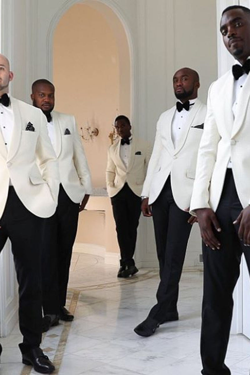 One Button White Shawl Lapel Wedding Suit｜Black Pants