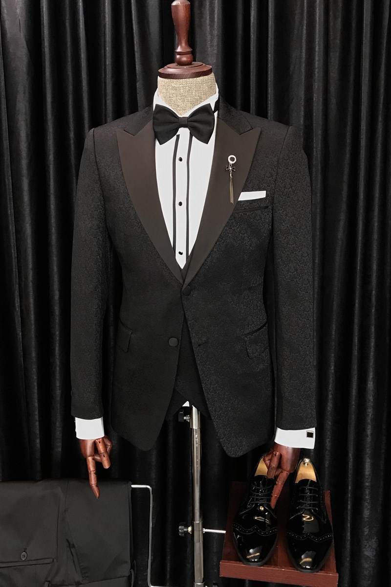 Anthony New Black Jacquard Three-Piece Point Lapel Wedding Suit