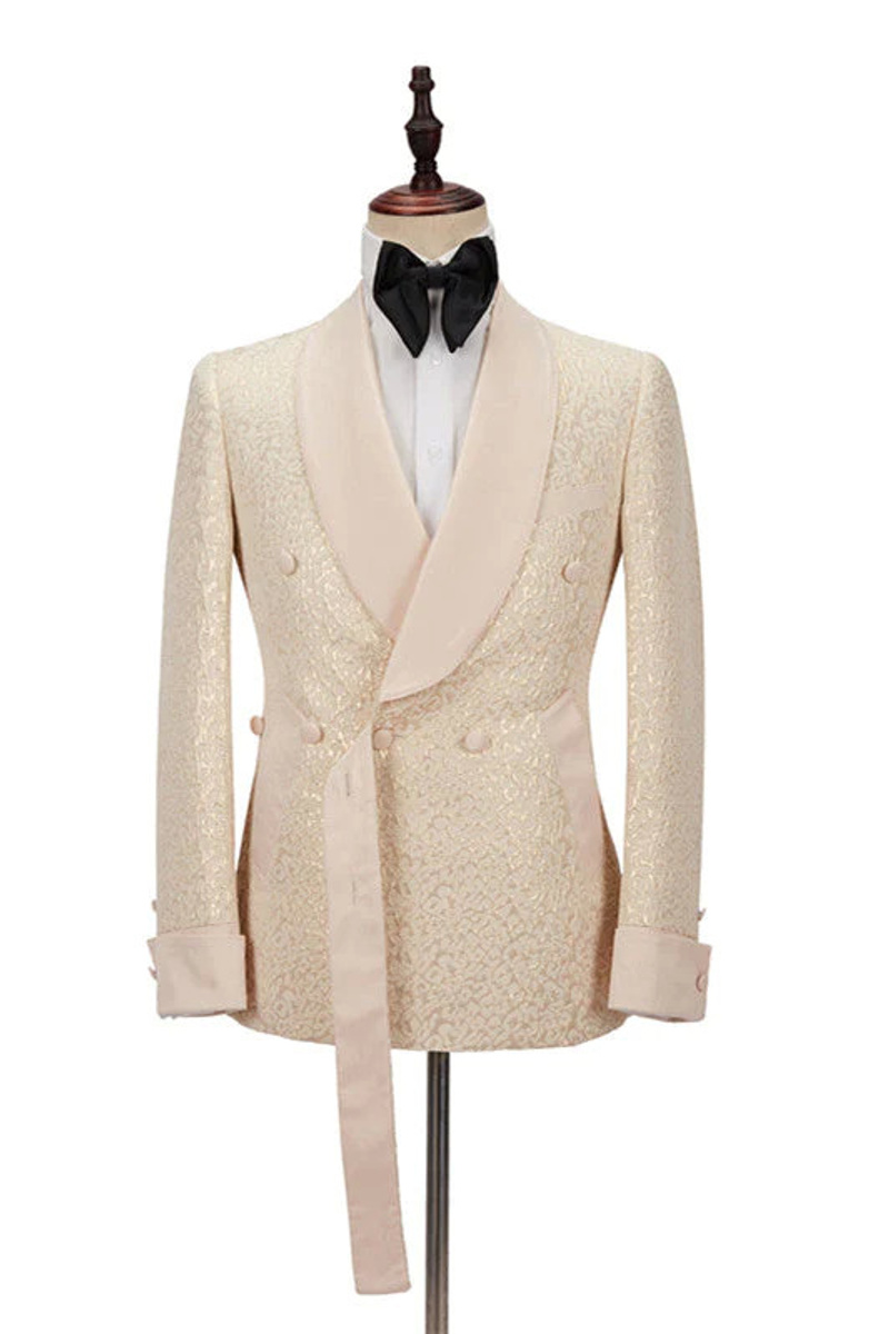 Gold Leopard Jacquard Men Suit Shawl Lapel Double Breasted Formal Prom