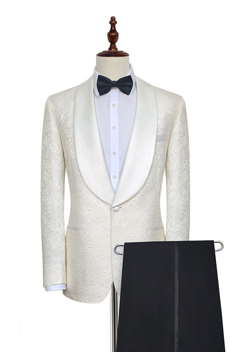 Trendy Jacquard White Tuxedo Silk Shawl Lapel One-Button Wedding Suit