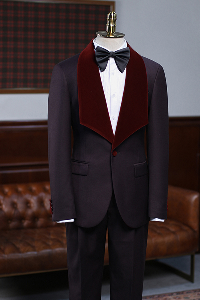 Alexander Unique Burgundy Two-Piece Groom Wedding Suit with Velvet Lapel