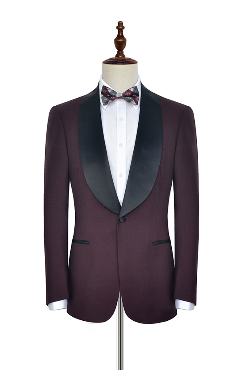 Luxury Black Shawl Collar One-Button Burgundy Wedding Suit