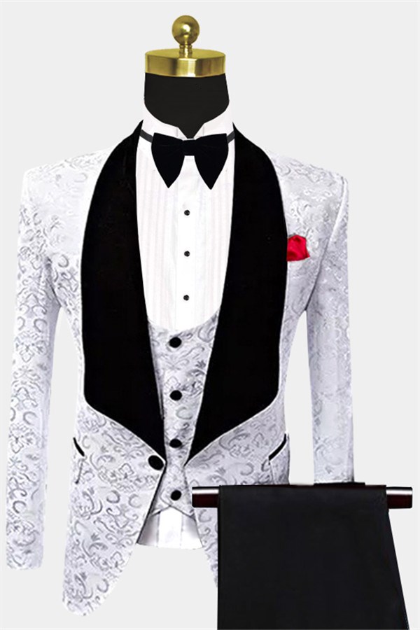 White Damask Prints Tuxedo Classic Three-Piece Dinner Suit