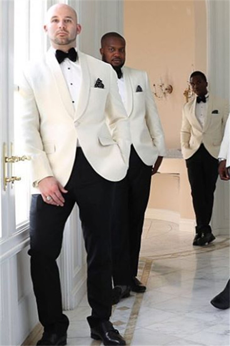 One Button White Shawl Lapel Wedding Suit｜Black Pants